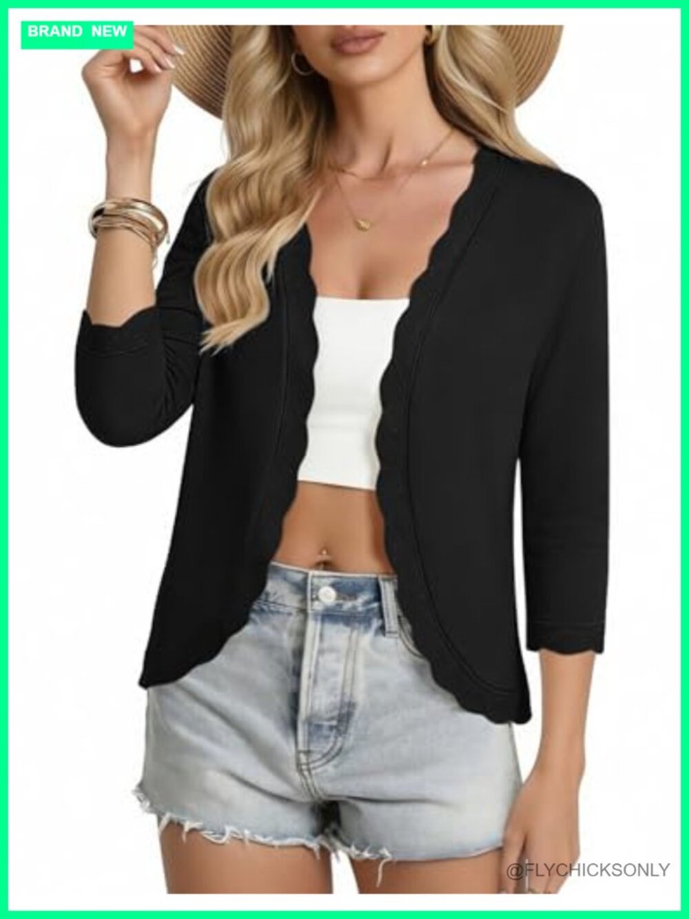 Lightweight 3/4 Sleeve Open Front Knit Cardigan Shrug Scalloped Trim